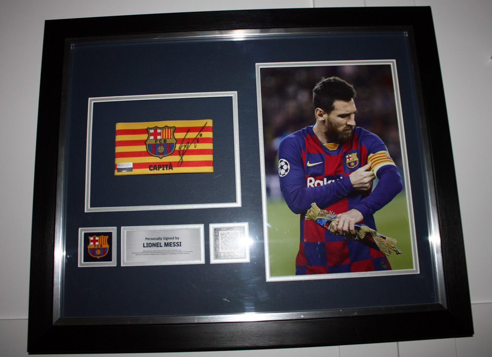 Lionel Messi Autographed FC Barcelona Captain’s Armband – Professionally Framed