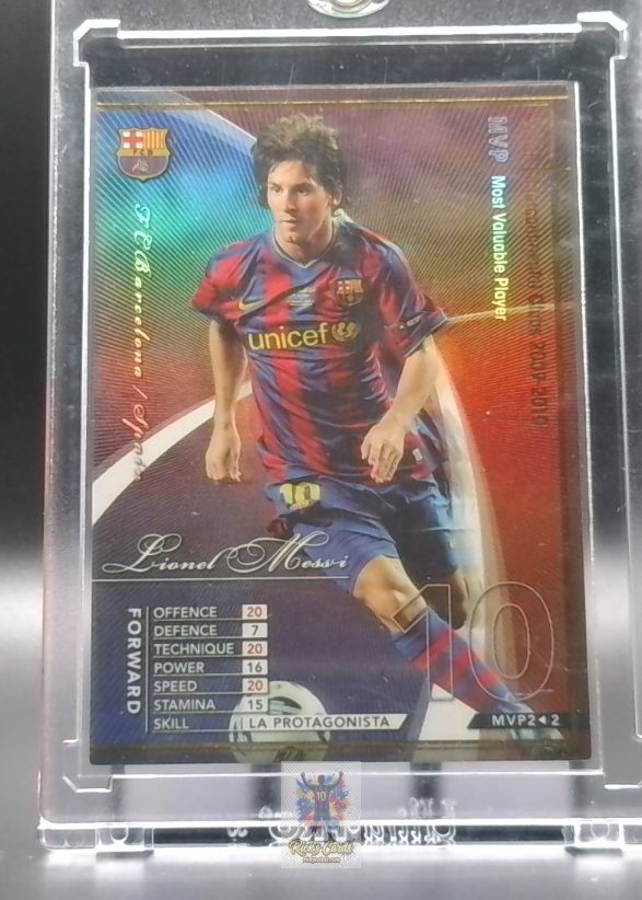  2009 Panini / Sega WCCF Lionel Messi card is from the World Club Champion Football (WCCF) Intercontinental Clubs set, card #MVP2/2, featuring MVP Holo Insert, Refractor. Messi Cards 2