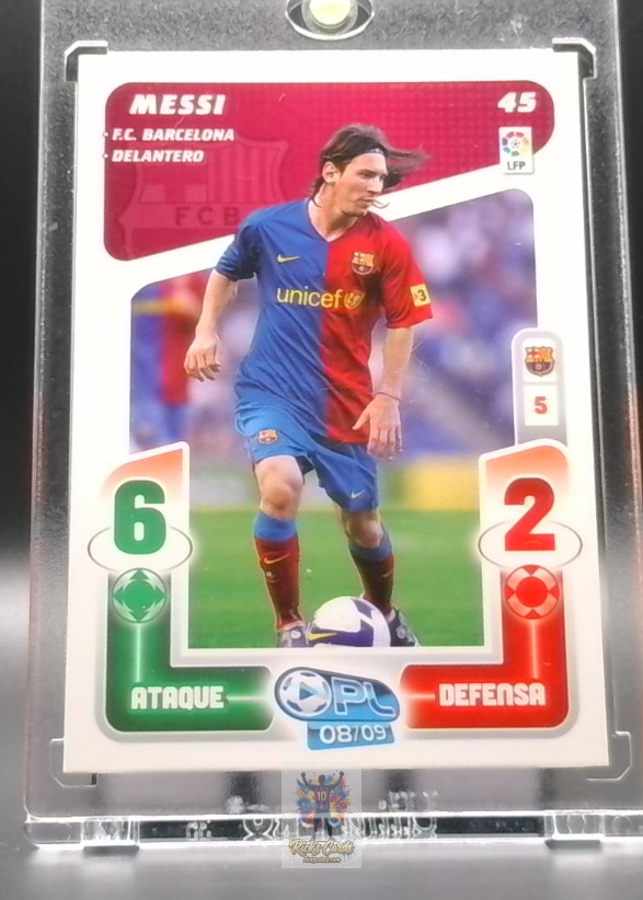 2008-09 Panini Lionel Messi card is from the Play Liga set, card #45, featuring Base Card. Messi Cards 4