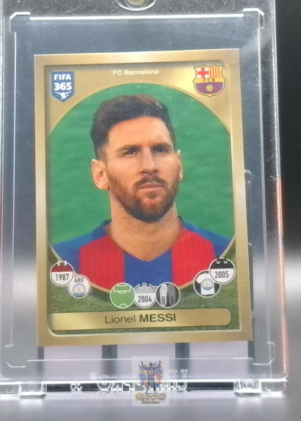   2021 Panini Lionel Messi card is from the FIFA 365 Stickers set, card #5, featuring Base (Golden Frame). Messi Cards 12