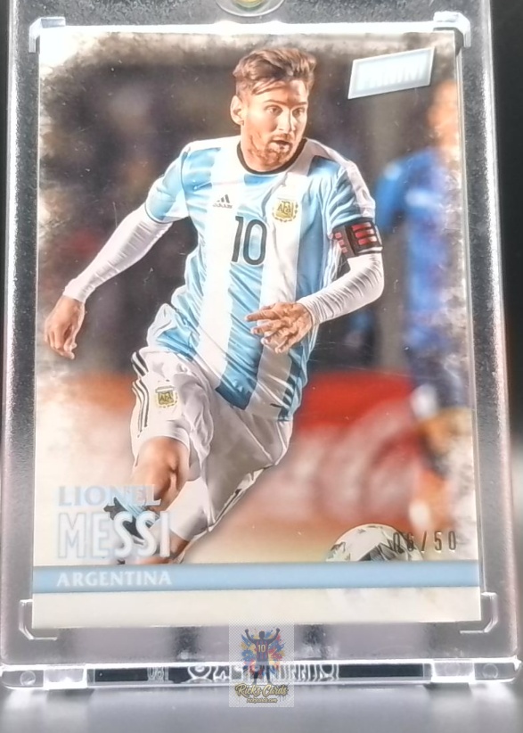   2022 Panini Lionel Messi card is from the National Convention Silver Packs set, card #N13, featuring Blue Parallel, Serial Numbered, Short Print 06/50. Messi Cards 14