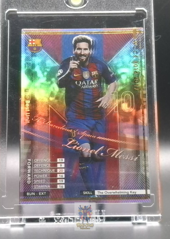   2016-17 Sega / Panini Lionel Messi card is from the World Club Champion Football (WCCF) set, card #BUN-EXT, featuring Refractor, Extra Card, The Best Unit MSN, The Overwhelming Key Skill. Messi Cards 16