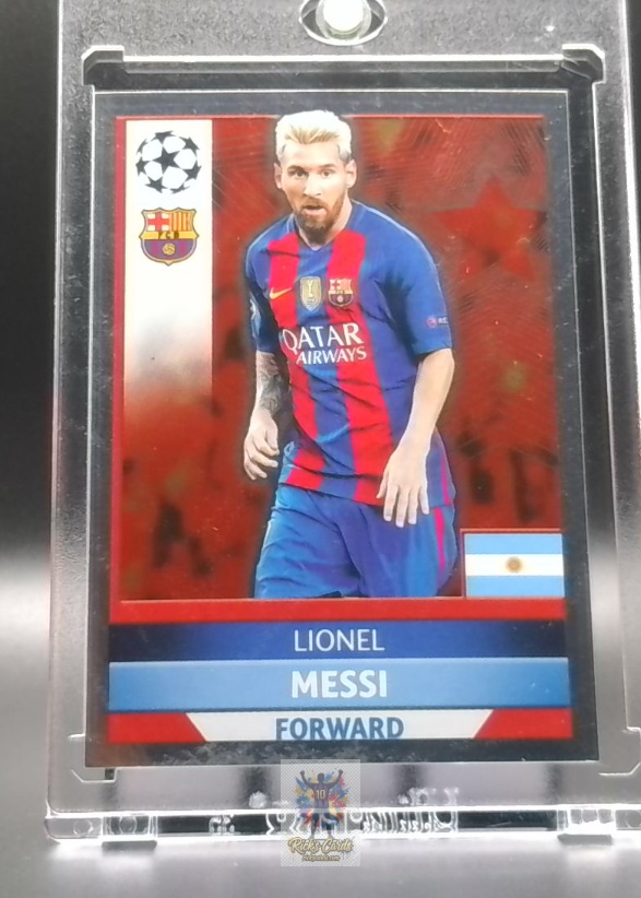   2016 Topps Lionel Messi card is from the UEFA Champions League Stickers set, card #FCB3, featuring Foil Sticker. Messi Cards 21