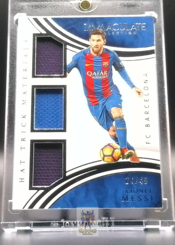   2017 Panini Lionel Messi card is from the Immaculate Collection Hat Trick Materials set, card #HT-LM, featuring Triple Memorabilia, Serial Numbered 24/49, Player-Worn/Match-Used Material. Messi Cards 27