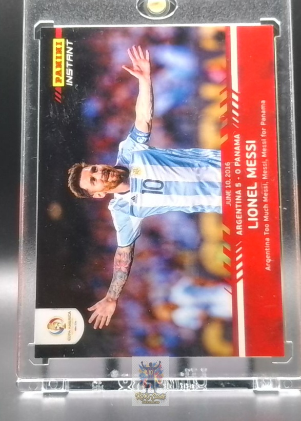   2016 Panini Lionel Messi card is from the Panini Instant Copa America Centenario set, card #16, featuring Short Print, Print Run /435, Base. Messi Cards 30