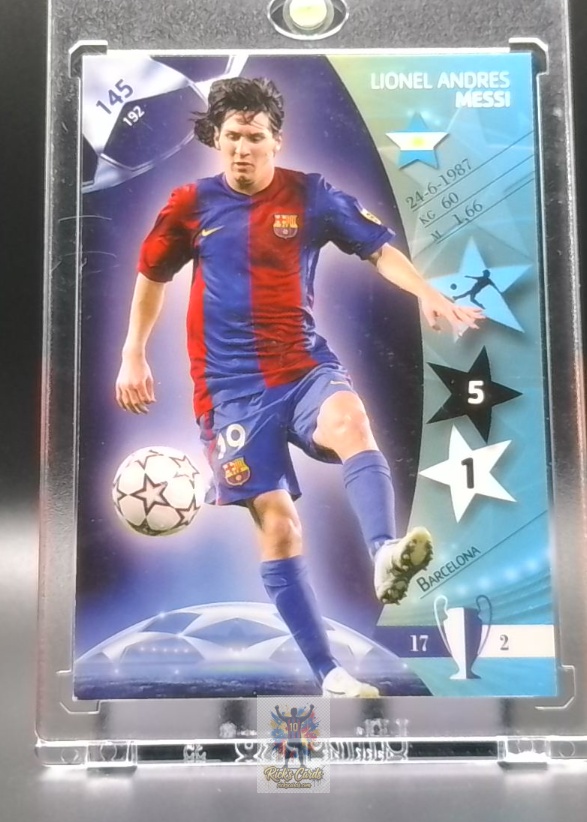   2006 Panini Lionel Messi card is from the UEFA Champions League Trading Card Game set, card #145, featuring Base. Messi Cards 31
