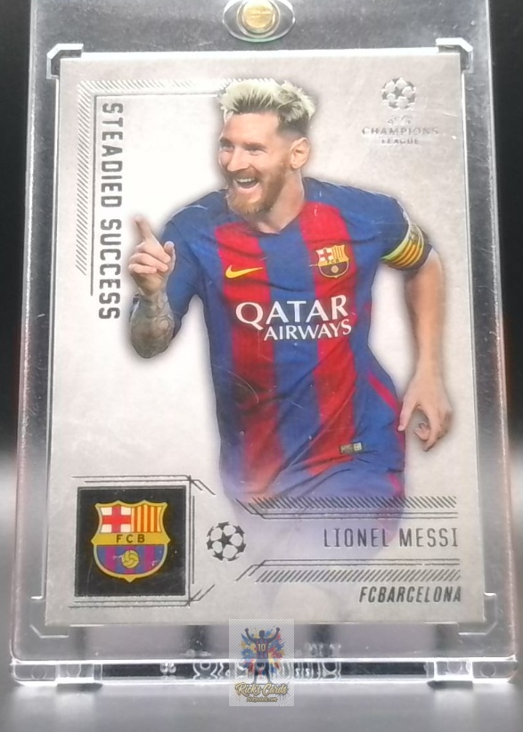   2016 Topps Lionel Messi card is from the UEFA Champions League Showcase - Steadied Success set, card #SS-3, featuring Insert. Messi Cards 41