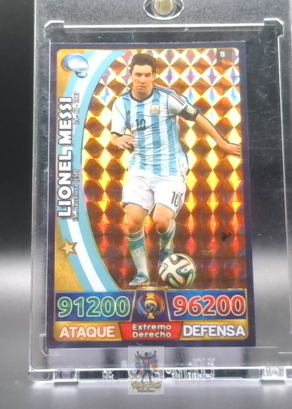   2014 Generic / Unofficial Lionel Messi card is from the Fútbol Argentino Kiosk Card Game set, card #11, featuring Holographic, Novelty Card, Bootleg/Custom. Messi Cards 42
