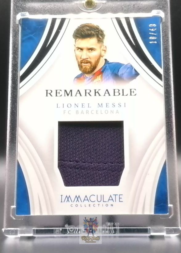   2017 Panini Lionel Messi card is from the Immaculate Collection - Remarkable Memorabilia Gold set, card #RM-LM, featuring Gold Parallel, Patch/Memorabilia, Serial Numbered 10/49. Messi Cards 43
